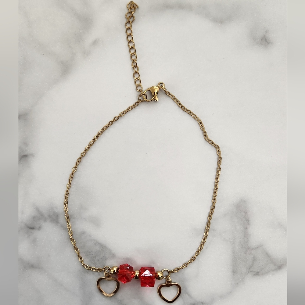 Gold Stainless Steel Anklet Heart Charm with Red Beads Adjustable Dainty Bra - Picture 10 of 12